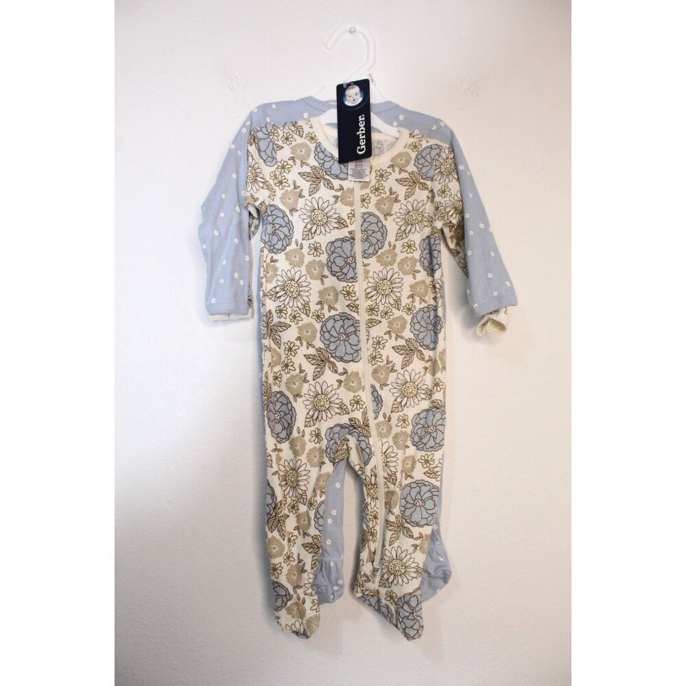 Gerber Sleep 'N Plays 2 Pack Girls 3-6 months Cream Brown Blue Full‎ Zip NEW